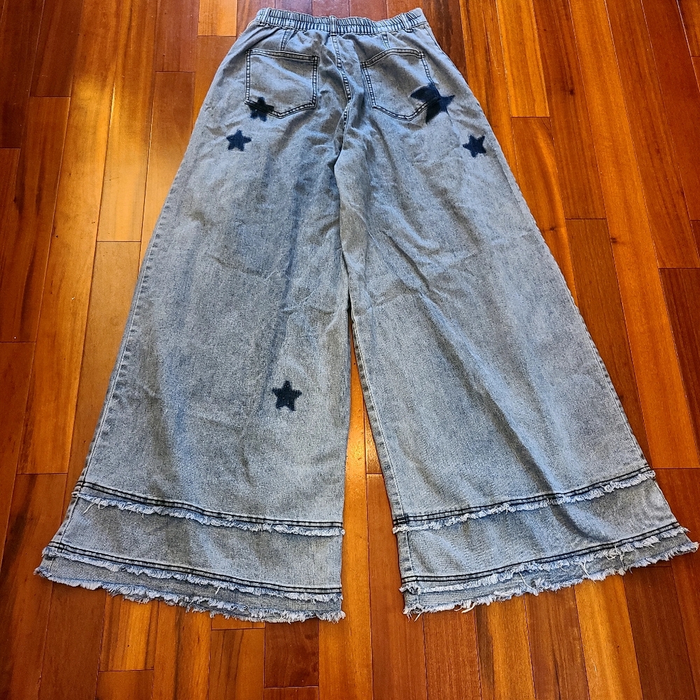 Blue Velvet Barrel Super Flare-Leg Denim Pants w/Star Details Sz:M Boho Festival - Picture 11 of 12